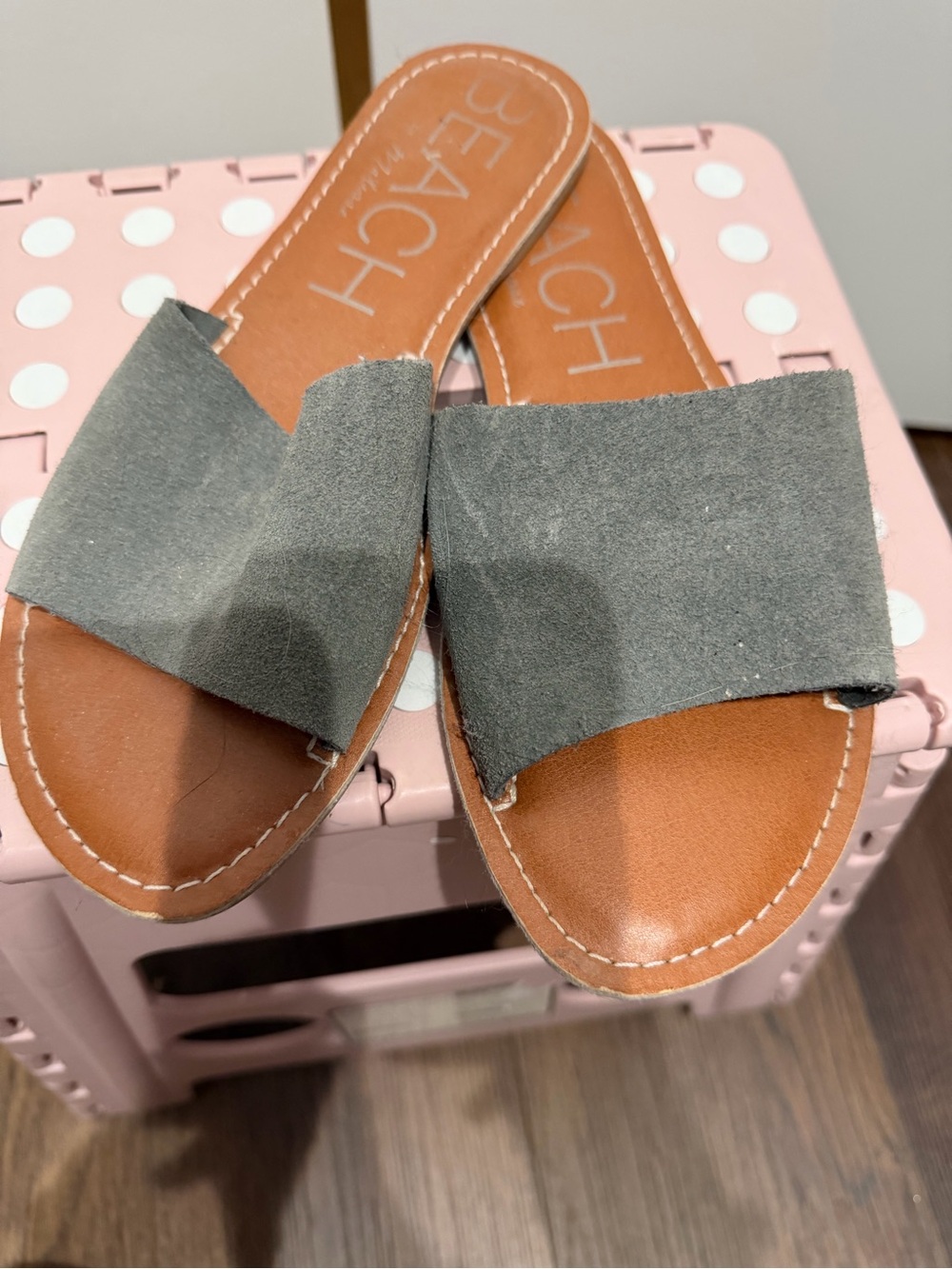 Grey Suede Slide Sandals with Leather Footbed